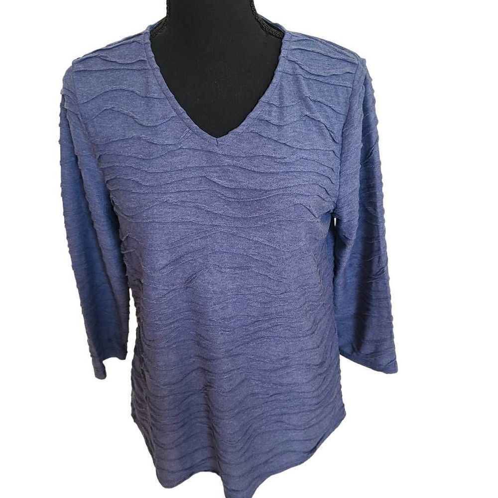 Chicos Womens Tops Quarter Sleeve Blouse V Neckline Relaxed Textured Blue Sz 0